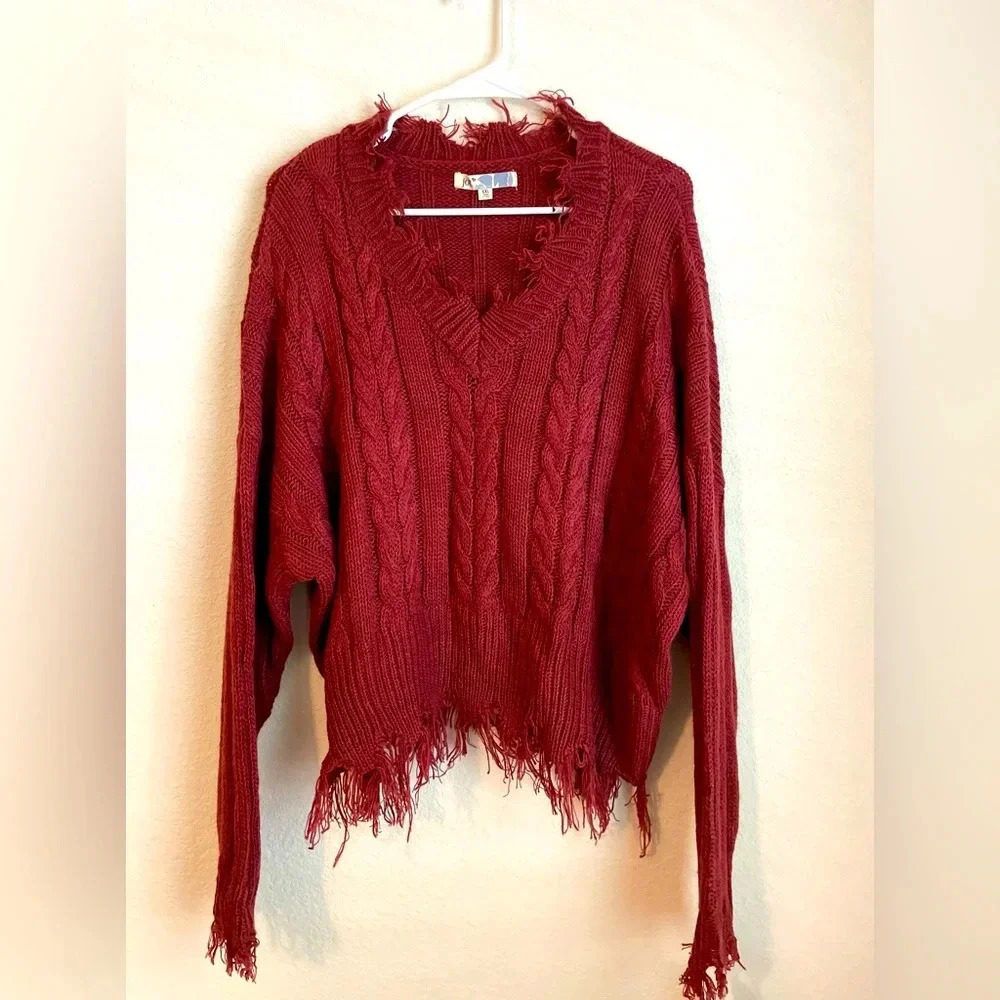 Jolt women’s v neck fringed burgundy long sleeve sweater size XXL